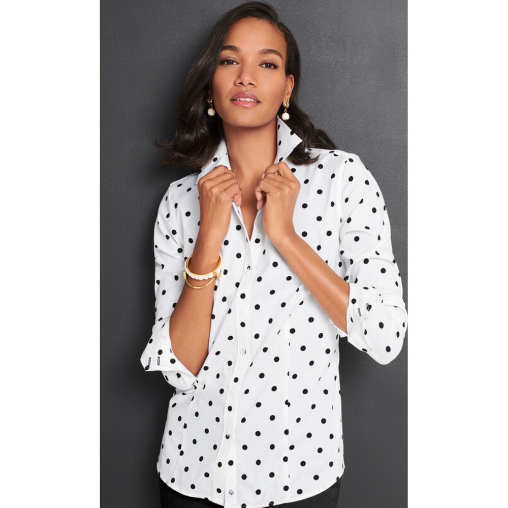 Talbots Women 16 White Black Polka Dot Non-Iron Cotton Stretch Button Down Shirt